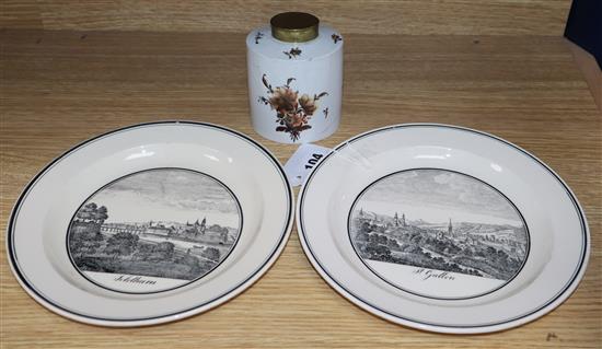 A 18th century Furstenburg tea caddy and two early 19th century Zell creamware named view plates